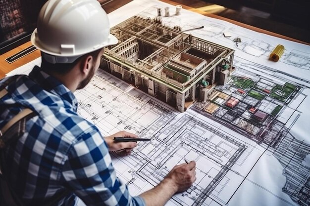 a man in a hard hat is drawing a model of a building with a blueprint on it