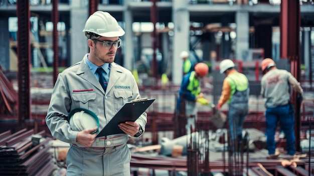 a man in a hard hat is holding a clipboard in his hand