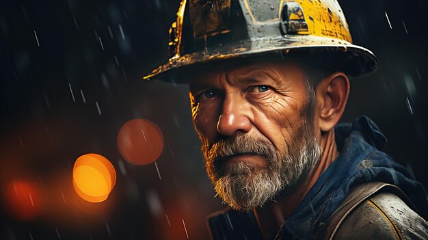 a man in a hard hat is standing in the rain