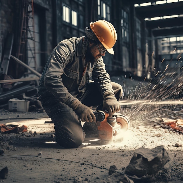 A man in a hard hat is using a grinder in a construction site.