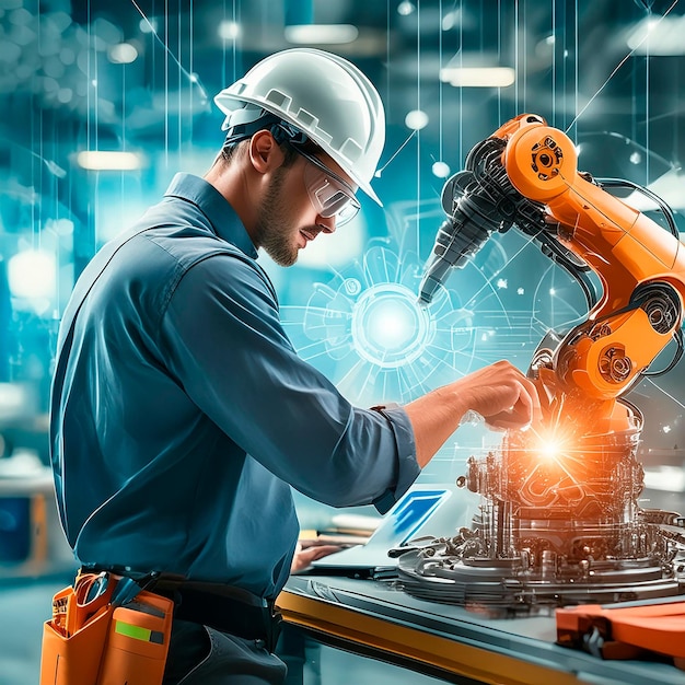 a man in a hard hat is working on a robot