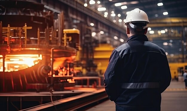 Foto un uomo con un casco duro che guarda una fabbrica