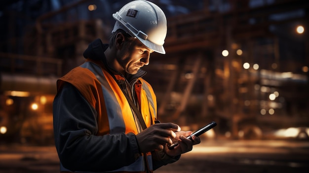 A Man in a Hard Hat Looking at His Cell Phone