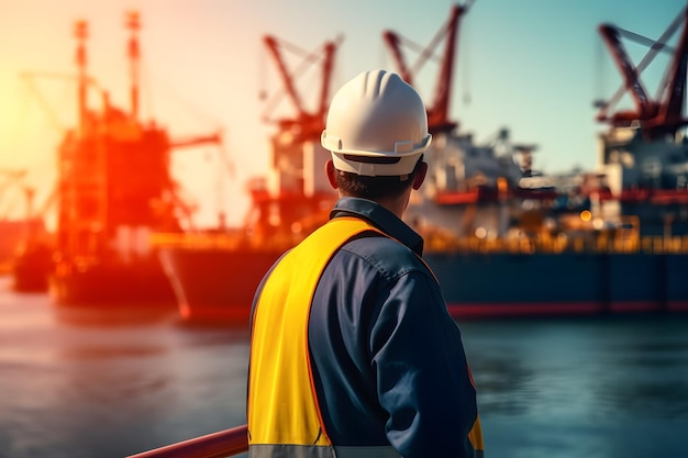 A man in a hard hat looks at a ship in the port.