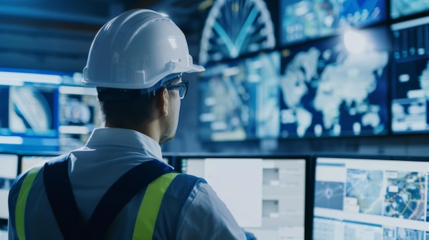 Man in hard hat observing multiple monitors