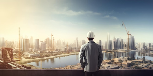 Photo a man in a hard hat overlooking a building city