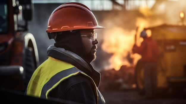 A man in a hard hat and a safety vest stands in front of a pile of burning debris