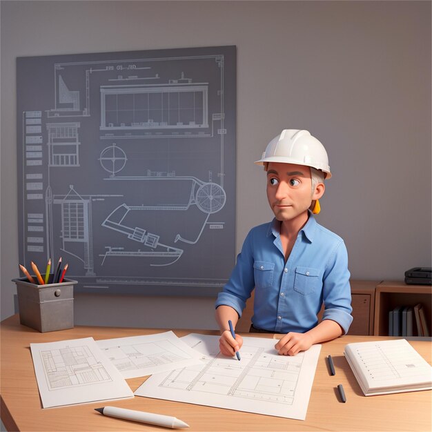 a man in a hard hat sits at a desk with a drawing of a man in a hard hat.