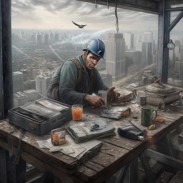 A man in a hard hat sits at a table with a cityscape in the background.