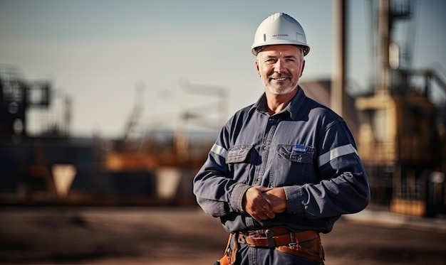 A man in a hard hat standing in front of a factory