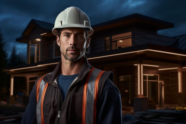 Man in Hard Hat Standing in Front of House