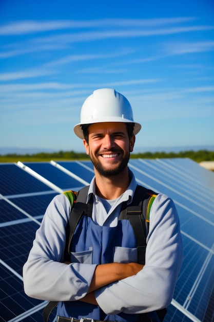 Man in hard hat standing in front of solar panel