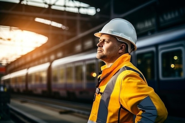 a man in a hard hat standing in front of a train