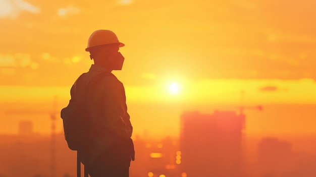 a man in a hard hat stands on a balcony at sunset