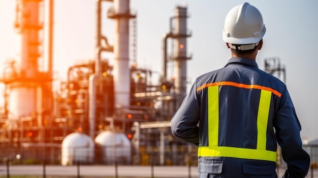 A man in a hard hat stands in front of a factory.