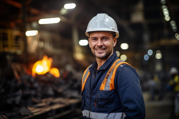 a man in a hard hat stands in front of a fire