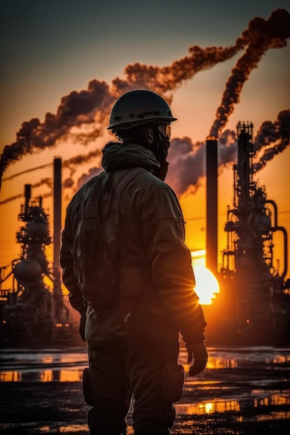 A man in a hard hat stands in front of a large oil refinery with the sun setting behind him.