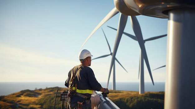 Photo a man in a hard hat stands in front of a wind turbine