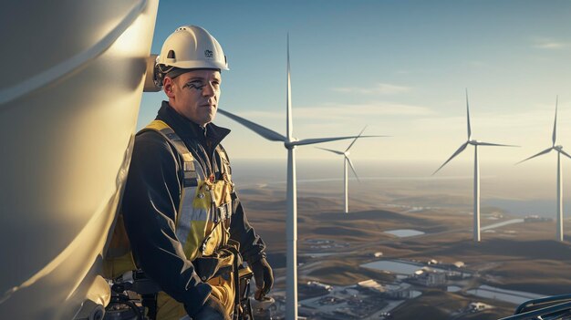 a man in a hard hat stands in front of wind turbines