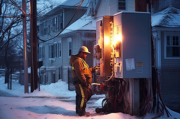 A man in a hard hat stands in the snow next to a power box.