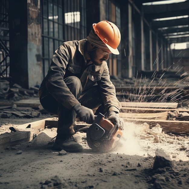 A man in a hard hat with a helmet and a drill in his hand is digging a hole in a building.