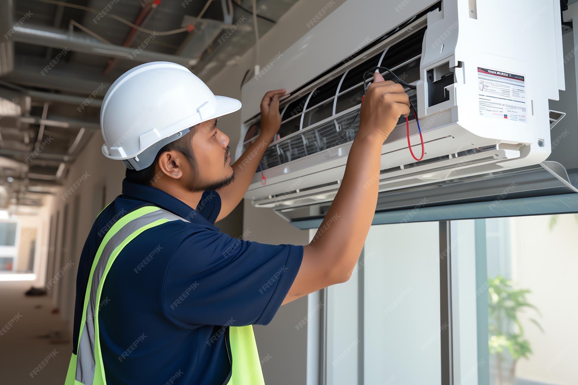 Premium AI Image a man in a hard hat working on a air conditioner