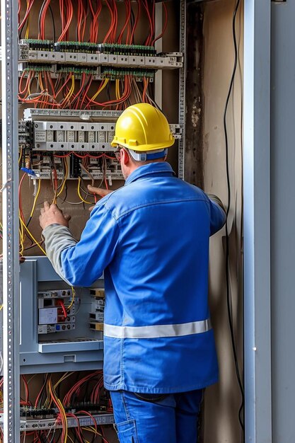 A man in a hard hat working on an electrical panel