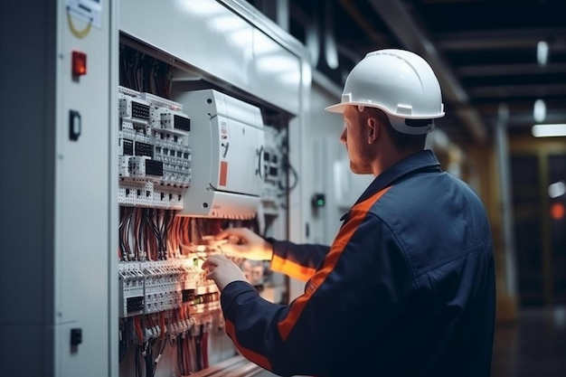 a man in a hard hat working on an electrical panel