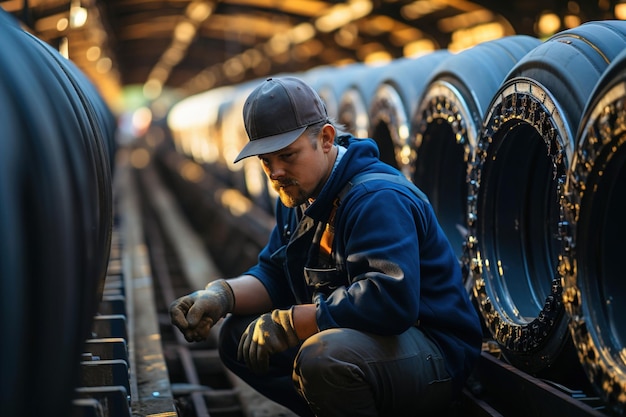 A man in a hard hat working on large gas pipes Infrastructure of gas transfer Energy economic