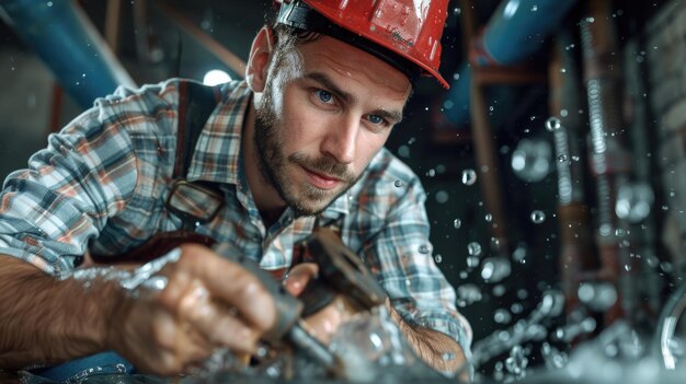 Photo a man in a hard hat working on a pipe suitable for construction industry concepts