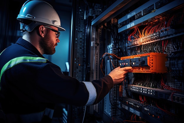 A man in a hard hat working on a switch box