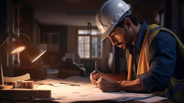 a man in a hard hat writing on a piece of paper