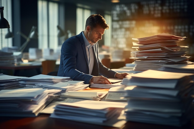 a man hard working with a lot of paper on work table at workspace