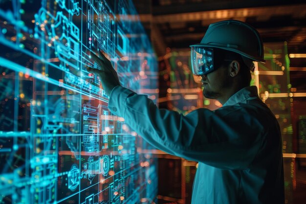 ハードヘットをかぶった男性が建設プロジェクトのデジタルシミュレーションを表示するコンピュータースクリーンに集中しています新しいエンジニアリングプロジェクトの デジタルシミューレーションを探求するエンジニアです
