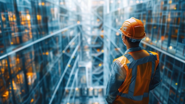 Man in Hardhat Looking at City at Night