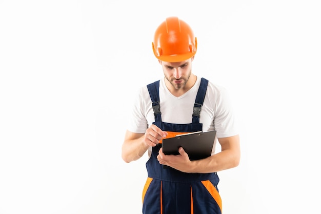 Man in hardhat read clipboard isolated on white background architect