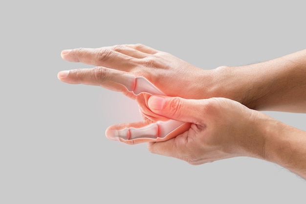 A man has a sore palm because of inflammation of the finger bone