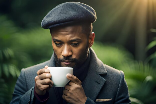 A man in a hat and a cap is drinking from a cup of coffee