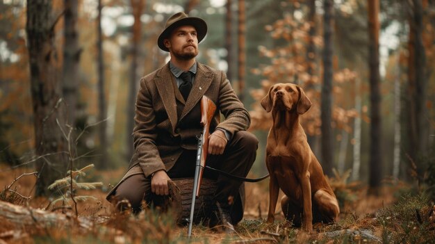 A man in a hat and coat sits with a dog next to him