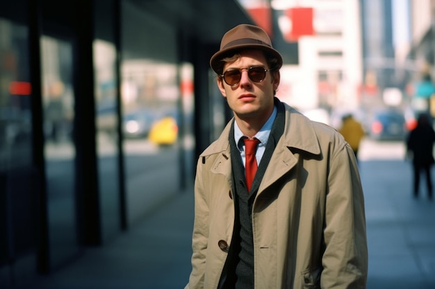 a man in a hat and coat standing on a city street