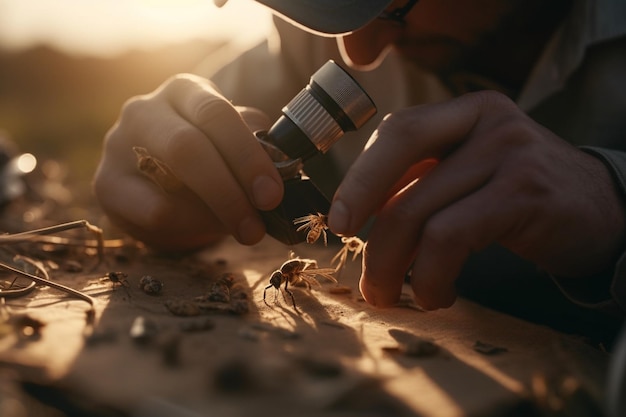 A man in a hat examines a seedling.