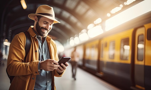 Man in hat focused on phone waits among commuters in a train station AI generative