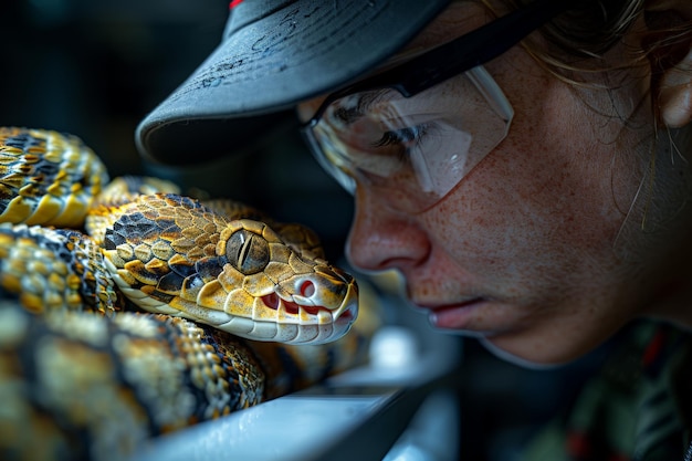 Photo man in hat and glasses holding snake