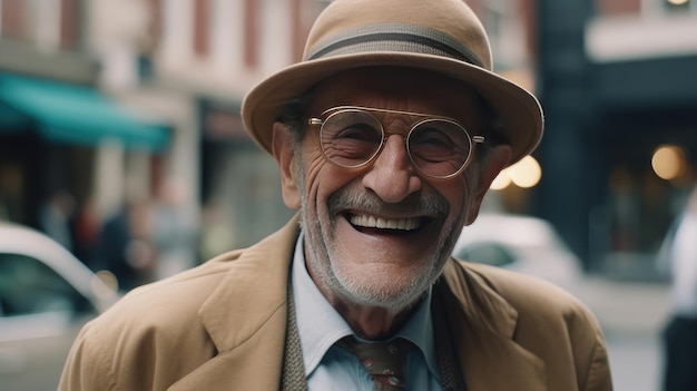 A man in a hat and glasses smiles in front of a storefront.