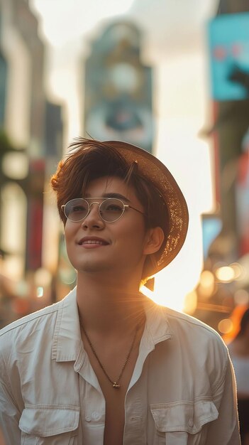 A man in a hat and glasses standing in crowded city