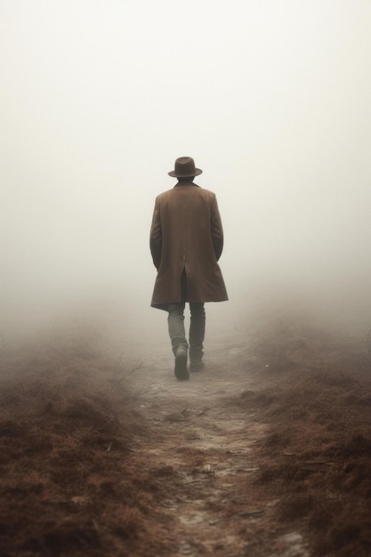 A man in a hat goes into the distance in the style of westerns