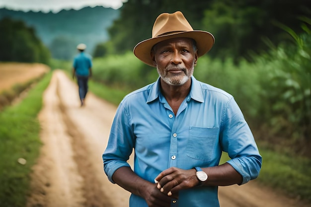 Photo a man in a hat and a hat is walking down a dirt road