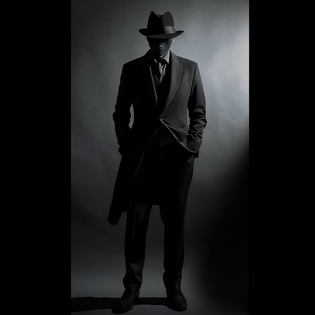 мужчина в шляпе и шляпе стоит на черном фоне.