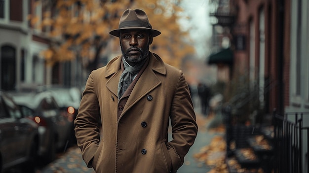 a man in a hat and a hat walks down a street