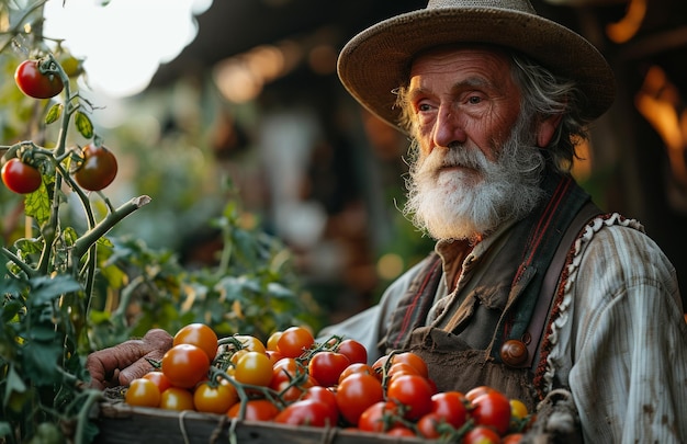 Человек в шляпе держит ящик с помидорами на открытом воздухе для выставки Мужчина в шляпе держат ящик, наполненный зрелыми красными помидорами